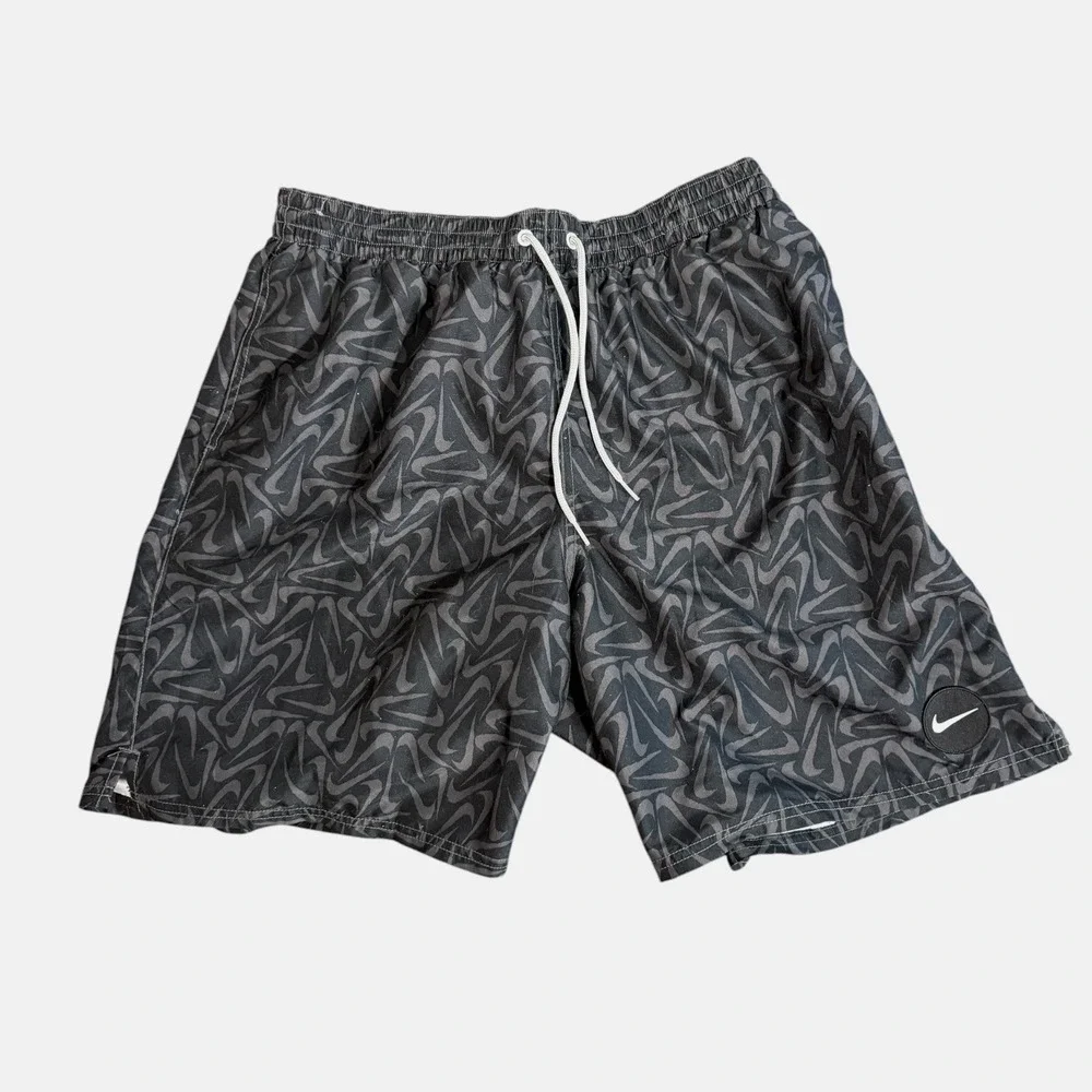 Rare Nike Swim Trunks Men XL Black Swoosh All Over Print Mesh Lined Board Shorts
